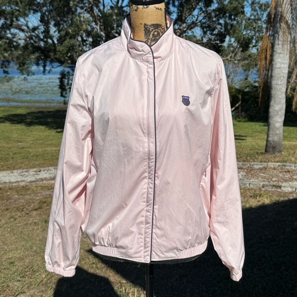 K-Swiss Vintage Windbreaker Jacket Baby Pink Navy Blue Embroidered Size Small